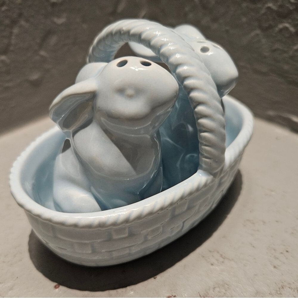 Blue Ceramic Easter Basket Bunny Salt and Pepper in basket 3 piece set
